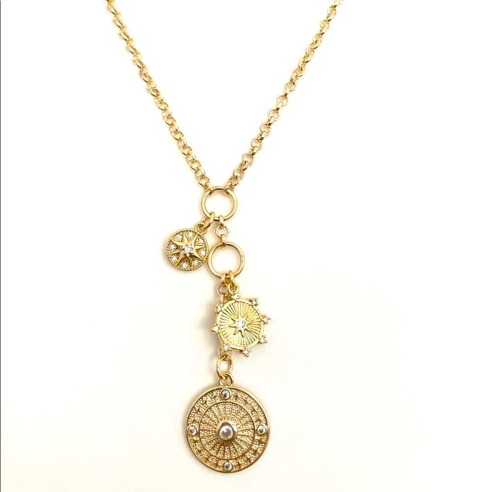 Multi Charm Necklace Rolo Chain Drop Lariat Compass North Star Burst Med…